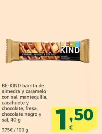 HiperDino BE-KIND barrita de almedra y caramelo con sal, mantequilla, cacahuete y chocolate, fresa, chocolate negro y sal oferta