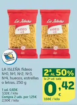 HiperDino LA ISLEÑA fideos Nº4, huecos, estrellas o letras oferta