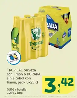 HiperDino TROPICAL cerveza con limón o DORADA sin alcohol con limón oferta