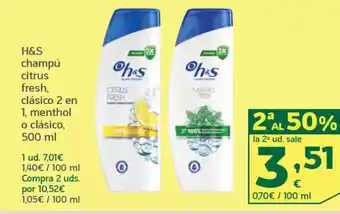 HiperDino H&S champú citrus fresh, clásico 2 en 1, menthol o clásico, oferta