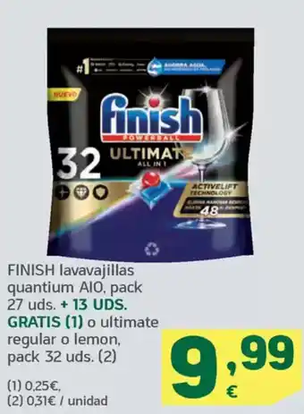 HiperDino FINISH lavavajillas quantium AIO, pack 27 uds. + 13 UDS. GRATIS (1) o ultimate regular o lemon oferta