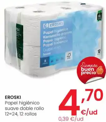 Eroski EROSKI Papel higiénico suave doble rollo 12=24, 12 rollos oferta