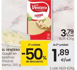 Eroski EL VENTERO Queso en lonchas mezcla tierno oferta