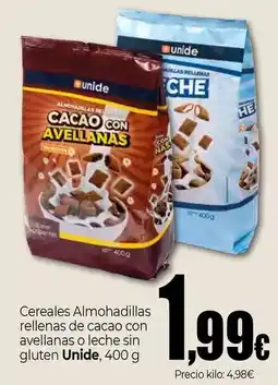 Unide Supermercados Unide - cereales almohadillas rellenas de cacao con avellanas o leche sin gluten oferta