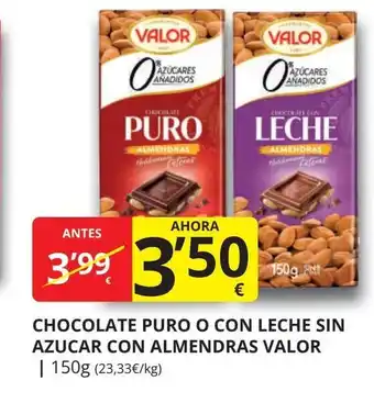 Supermercados MAS VALOR Chocolate puro o con leche sin azucar con almendras oferta