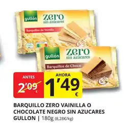 Supermercados MAS GULLON Barquillo zero vainilla o chocolate negro sin azucares oferta