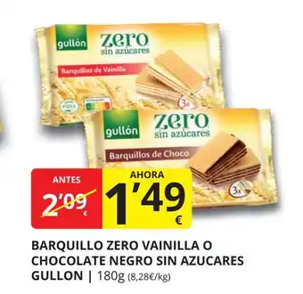 Supermercados MAS GULLON Barquillo zero vainilla o chocolate negro sin azucares oferta