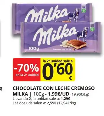 Supermercados MAS MILKA Chocolate con leche cremoso oferta