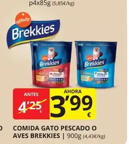 Supermercados MAS BREKKIES Comida gato pescado o aves oferta