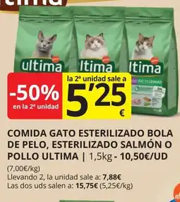 Supermercados MAS ULTIMA Comida gato esterilizado bola de pelo, esterilizado salmón o pollo oferta