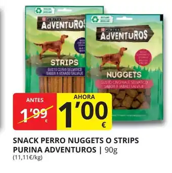 Supermercados MAS Snack perro nuggets o strips purina adventuro oferta