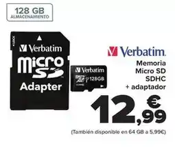 Carrefour Verbatim - memoria micro sd sdhc + adaptador oferta