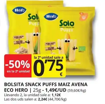 Supermercados MAS HERO Bolsita snack puffs maiz avena eco oferta