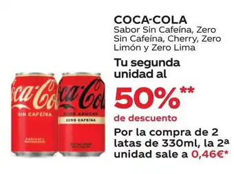 Supermercados MAS COCA-COLA Sabor Sin Cafeína, Zero Sin Cafeína, Cherry, Zero Limón y Zero Lima oferta