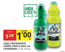 Supermercados MAS LA LAVANDERA Lejia c/detergente limón, pino o azul oferta