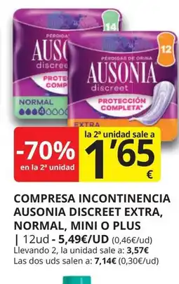 Supermercados MAS Compresa incontinencia ausonia discreet extra, normal, mini o plus oferta