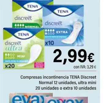 Cash Ifa TENA Compresas incontinencia Discreet Normal 12 unidades, ultra mini 20 unidades o extra 10 unidades oferta