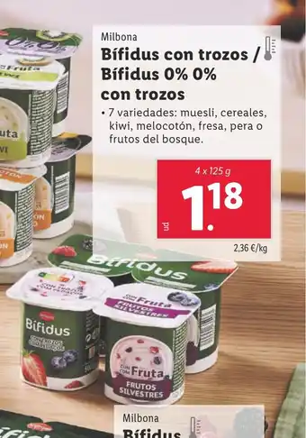 Lidl MILBONA Bífidus con trozos / Bífidus 0% 0% con trozos oferta