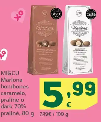 HiperDino MI&CU Marlona bombones caramelo, praliné o dark 70% oferta