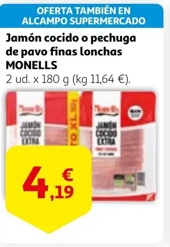 Alcampo MONELLS Jamón cocido o pechuga de pavo finas lonchas oferta