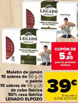 Carrefour LEGADO ELPOZO Maletín de jamón 15 sobres de o paleta de cebo ibérico 50% raza ibérica oferta