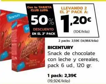 Supermercados Lupa Bicentury Snack De Chocolate Con Leche Y Cereales 120gr oferta
