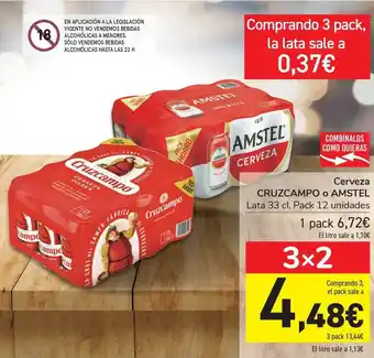 Carrefour Cruzcampo O Amstel Cerveza Lata 33cl. Pack 12 unidades oferta