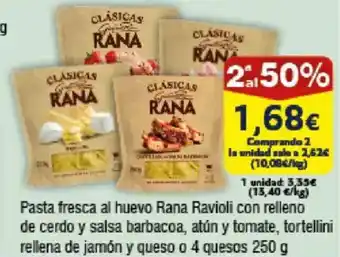 FROIZ Pasta fresca al huevo Rana Ravioli con relleno de cerdo y salsa barbacoa, atún y tomate oferta