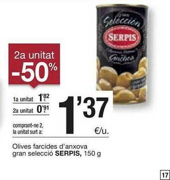 BonpreuEsclat 2a Unitat -50% Olives Farcides D'anxova Gran Selecció Serpis oferta