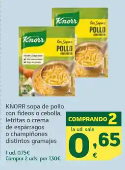 HiperDino KNORR sopa de pollo con fideos o cebolla, letritas o crema de espárragos o champiñones distintos gramajes oferta