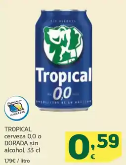 HiperDino TROPICAL cerveza 0,0 o DORADA sin alcohol oferta