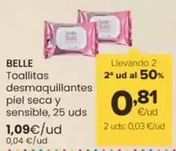 Autoservicios Familia BELLE Toallitas desmaquillantes piel seca y sensible, 25 uds oferta