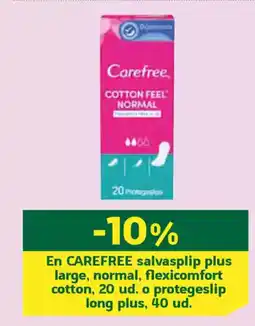 HiperDino CAREFREE En salvasplip plus large, normal, flexicomfort cotton, 20 ud. o protegeslip long plus, 40 ud. oferta