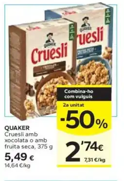 Caprabo QUAKER Cruesli xocolata o amb fruita seca oferta