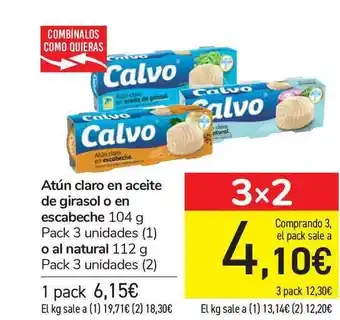 Carrefour Calvo Atún claro en aceite de girasol o en escabeche 104g o al natural 112g oferta