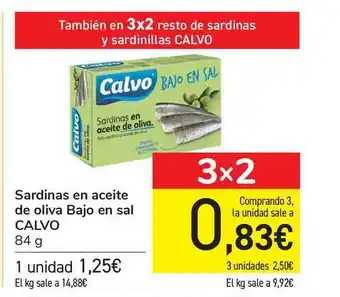 Carrefour Calvo Sardinas en aceite de oliva bajo en sal 84g oferta