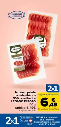 Carrefour LEGADO ELPOZO Jamón o paleta de cebo ibérico 50% raza ibérica oferta