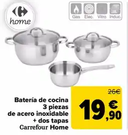 Carrefour CARREFOUR HOME Batería de cocina 3 piezas de acero inoxidable + dos tapas oferta