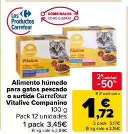 Carrefour Alimento húmedo para gatos pescado o surtida Carrefour Vitalive Companino oferta