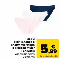 Carrefour TEX Pack 3 bikinis, tanga o shorty microfibra o algodón mujer oferta