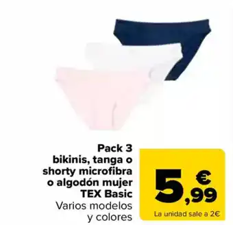 Carrefour TEX Pack 3 bikinis, tanga o shorty microfibra o algodón mujer oferta