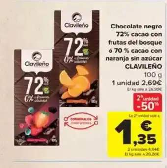 Carrefour CLAVILEÑO Chocolate negro 72% cacao con frutas del bosque 6 70 % cacao con naranja sin azúcar oferta