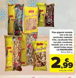 Carrefour Pipa gigante tostada con o sin sal, cacahuete repelado frito, cacahuete frito con piel, cacahuete oferta