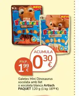 Supermercados Charter ARTIACH PAQUET Galetes Mini Dinosaurus xocolata amb llet o xocolata blanca oferta