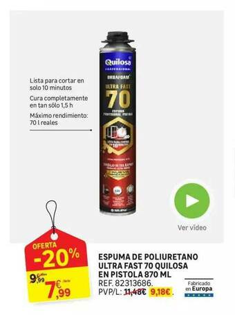 Leroy Merlin Espuma De Poliuretano Ultra Fast 70 Quilosa En Pistola 870 Ml oferta