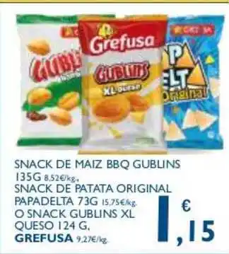 Grefusa Snack de Maiz BBQ Gublins 135g, Snack De Patata Original Papadelta O Snack Gublins XL Queso 124g
