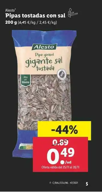 Lidl Alesto Pipas Tostadas Con Sal oferta