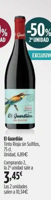 El Corte Inglés -50% 2a Unidad El Guardián Tinto Rioja Sin Sulfitos oferta