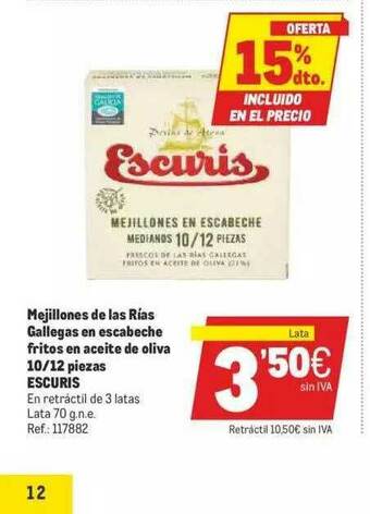 Makro 15% Dto. Mejillones De La Rías Gallegas En Escabeche Fritos En Aceite De Oliva 10 12 Piezas Escuris oferta