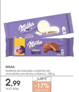 Supermercados Plaza Milka Galletas de barquillo cubiertas de chocolate con leche o blanco, oferta